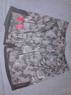 Under Armour Gray Camo Athletic Shorts with Red Logo